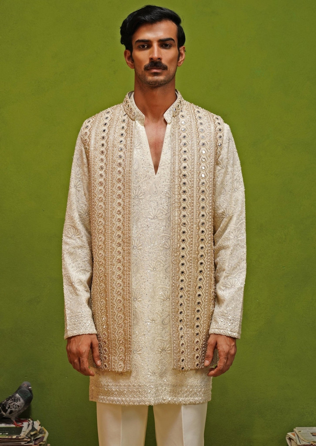 Kalpraag Ivory and Gold Georgette Kurta Jacket SetFabilicious Fashion