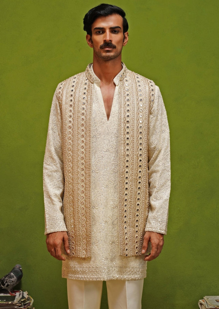 Kalpraag Ivory and Gold Georgette Kurta Jacket SetFabilicious Fashion