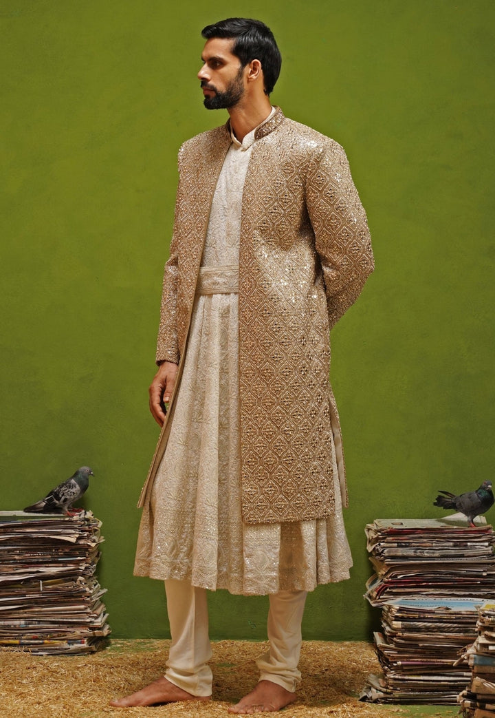 Kalpraag Ivory and Gold Georgette Sherwani SetFabilicious Fashion