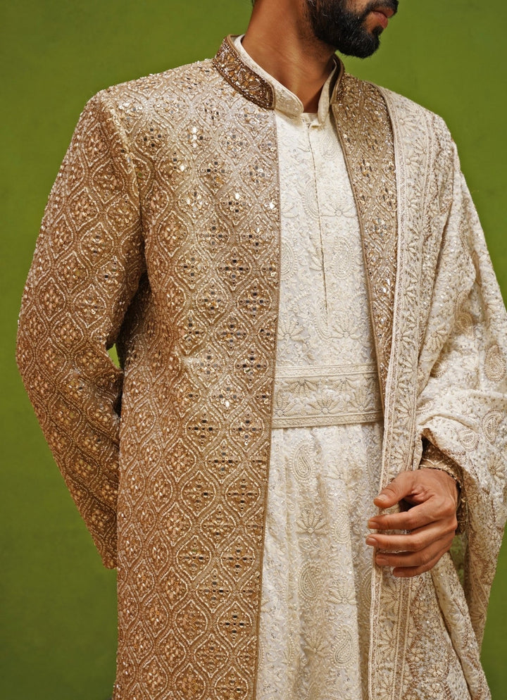 Kalpraag Ivory and Gold Georgette Sherwani SetFabilicious Fashion