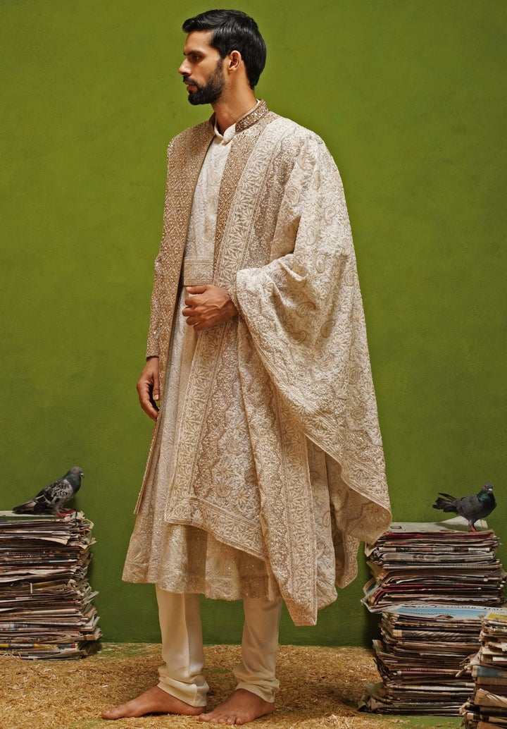 Kalpraag Ivory and Gold Georgette Sherwani SetFabilicious Fashion