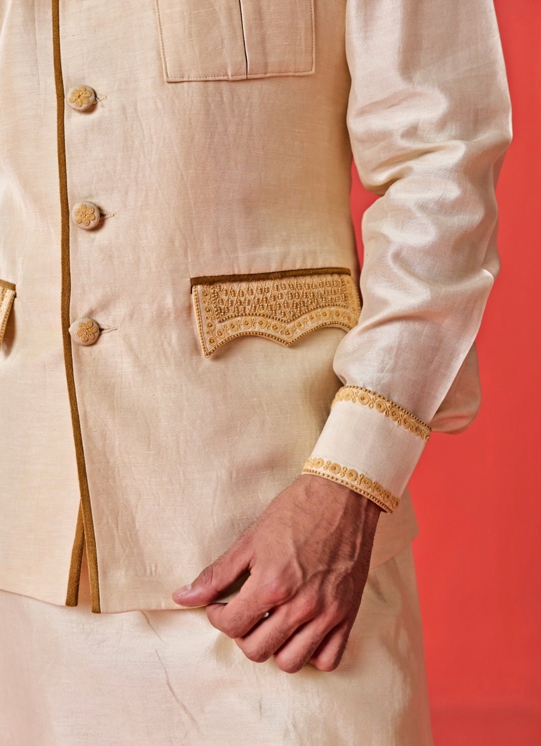 Studio Bagechaa - Men Ivory and Gold Linen Satin Nehru Jacket SetFabilicious Fashion