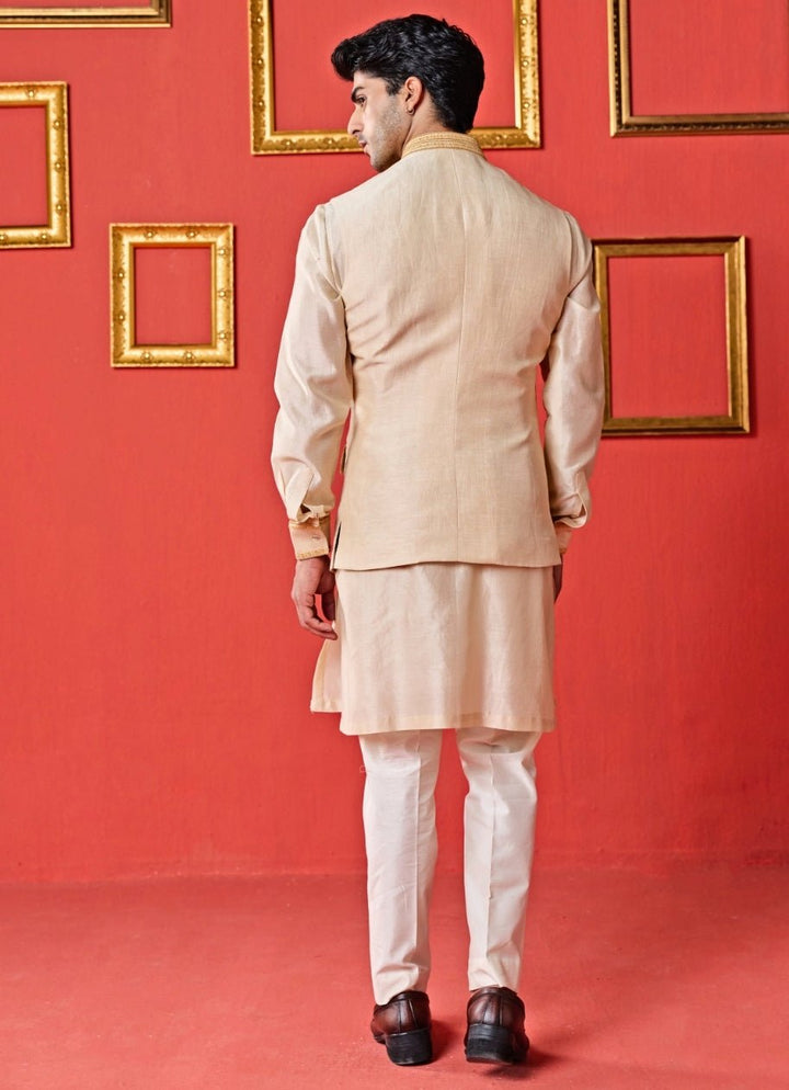 Studio Bagechaa - Men Ivory and Gold Linen Satin Nehru Jacket SetFabilicious Fashion