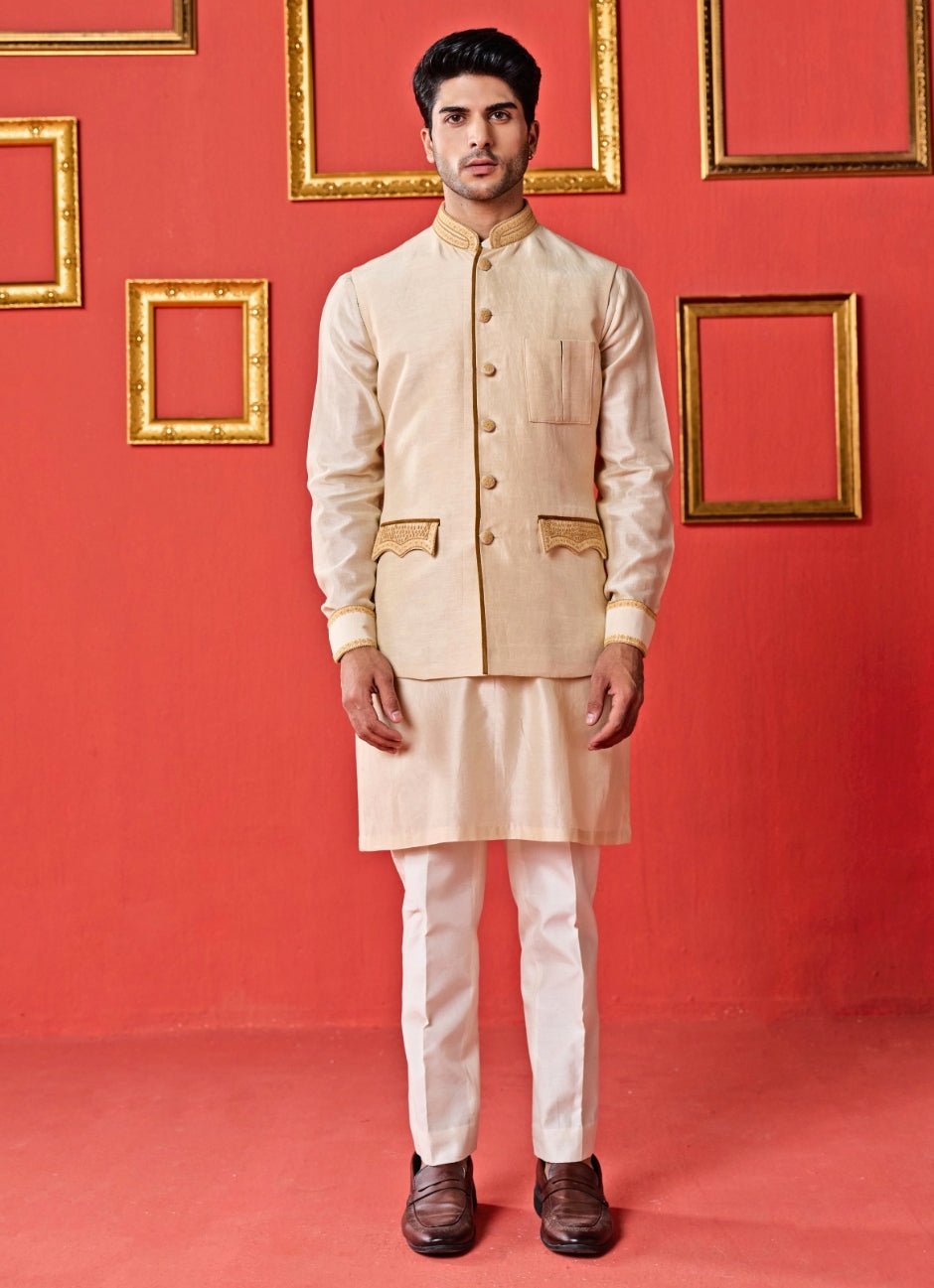 Studio Bagechaa - Men Ivory and Gold Linen Satin Nehru Jacket SetFabilicious Fashion