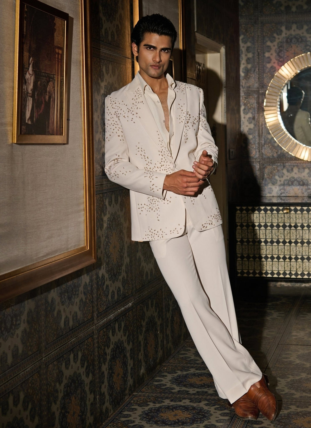 Contrast by Parth Ivory and Gold Lycra Suiting Tuxedo SetFabilicious Fashion