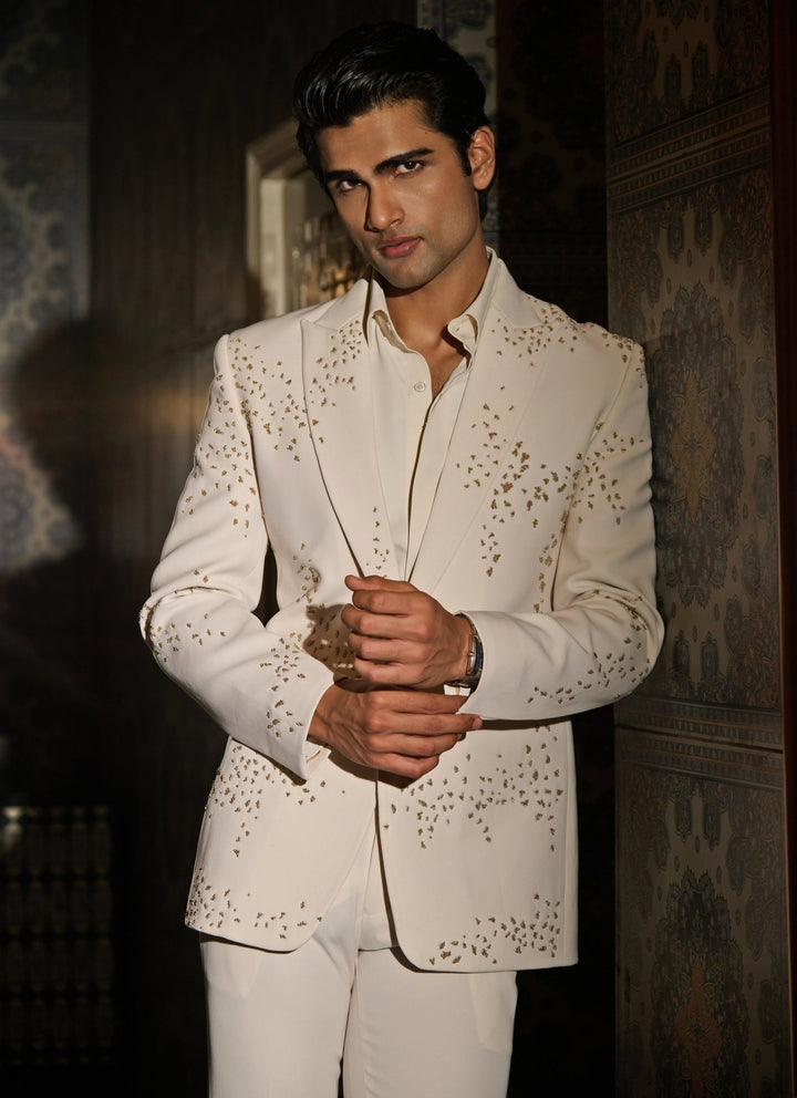 Contrast by Parth Ivory and Gold Lycra Suiting Tuxedo SetFabilicious Fashion
