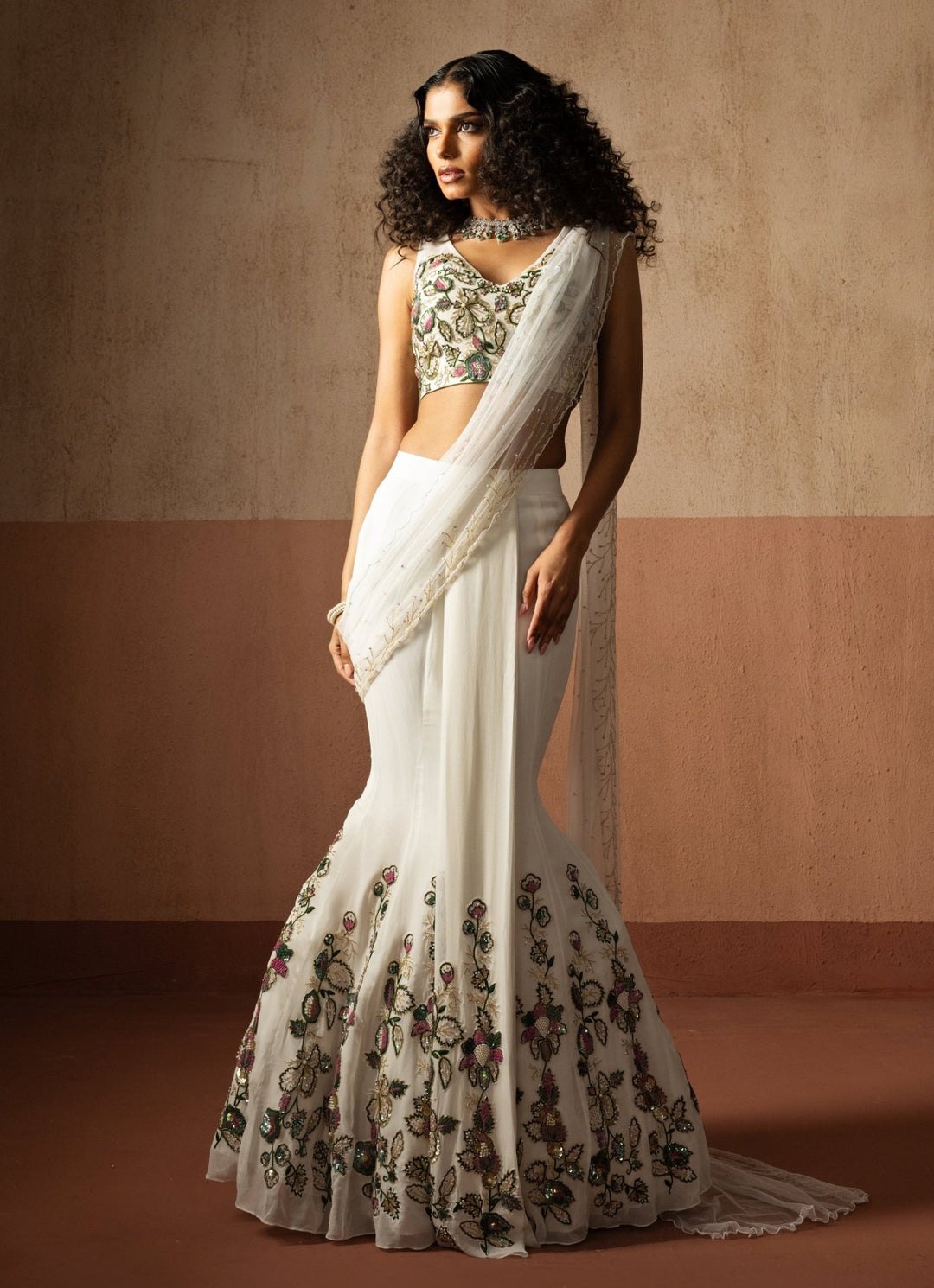 Ivory And Gold Mermaid Pre Draped Georgette Saree Quench A Thirst - Fabilicious Fashion