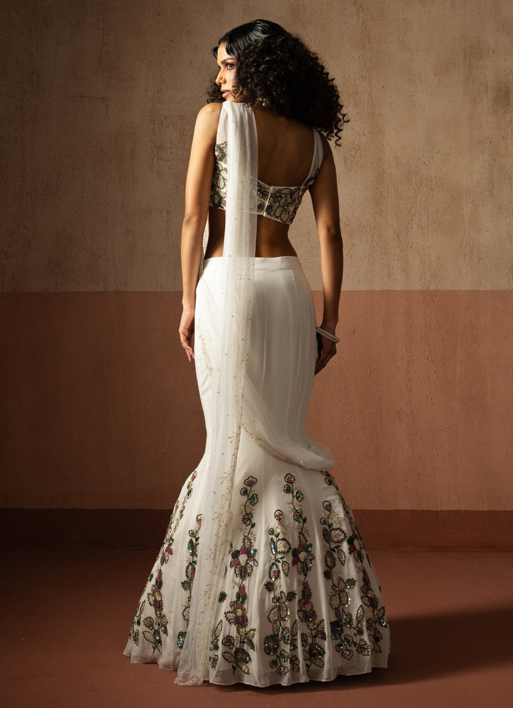 Ivory And Gold Mermaid Pre Draped Georgette Saree Quench A Thirst - Fabilicious Fashion