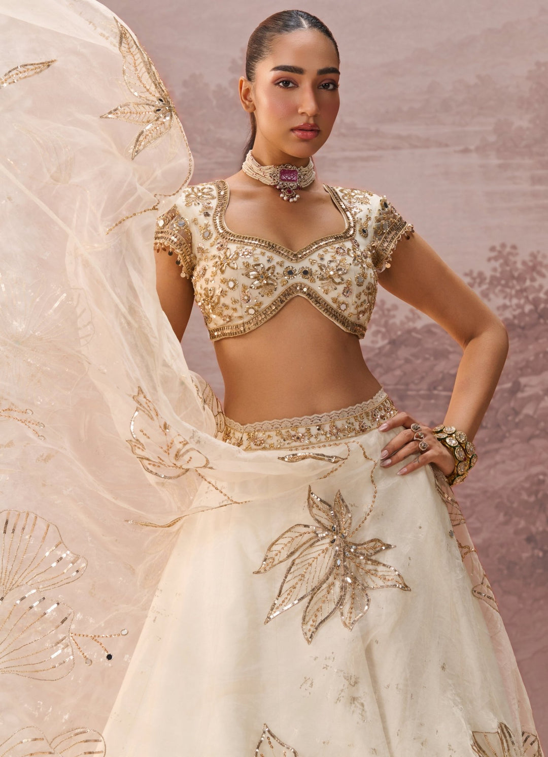 Parul Gandhi Ivory And Gold Organza LehengaFabilicious Fashion