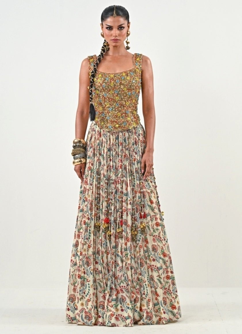 Ivory and gold printed chinon lehenga for destination weddings