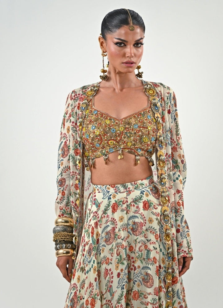 Ivory And Gold Printed Flared Pants With Jacket Juhi Bengani - Fabilicious Fashion