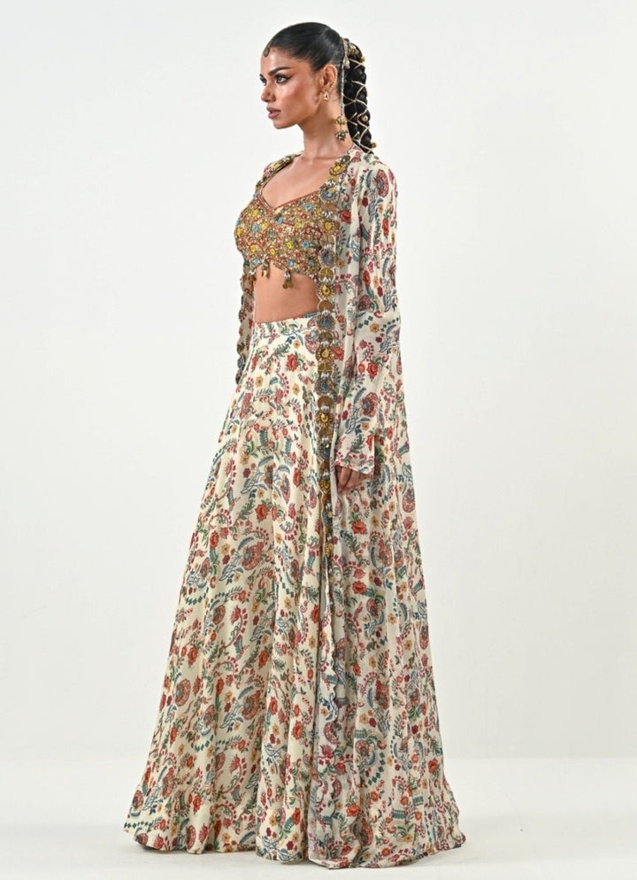 Ivory And Gold Printed Flared Pants With Jacket Juhi Bengani - Fabilicious Fashion