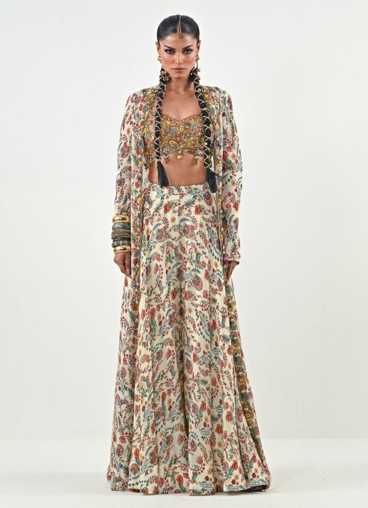 Ivory And Gold Printed Flared Pants With Jacket Juhi Bengani - Fabilicious Fashion