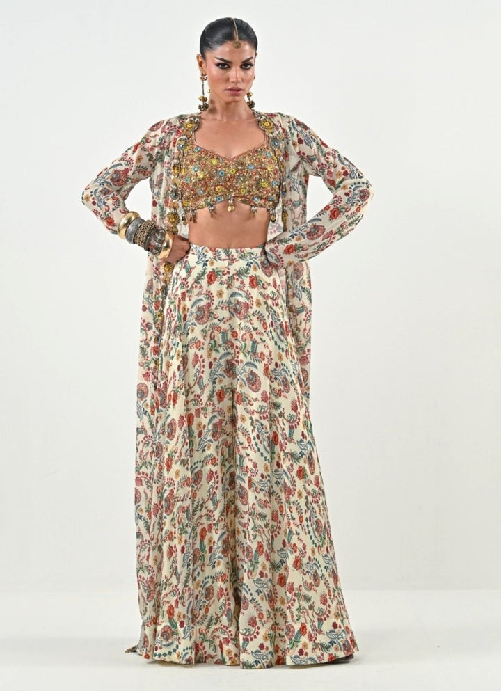 Ivory And Gold Printed Flared Pants With Jacket Juhi Bengani - Fabilicious Fashion
