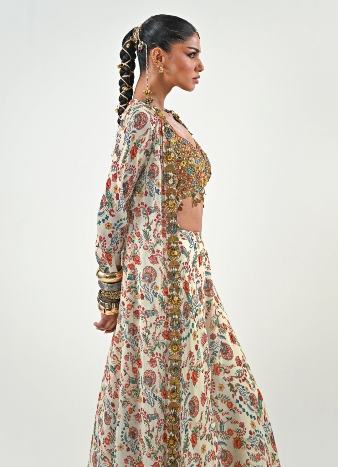 Ivory And Gold Printed Flared Pants With Jacket Juhi Bengani - Fabilicious Fashion