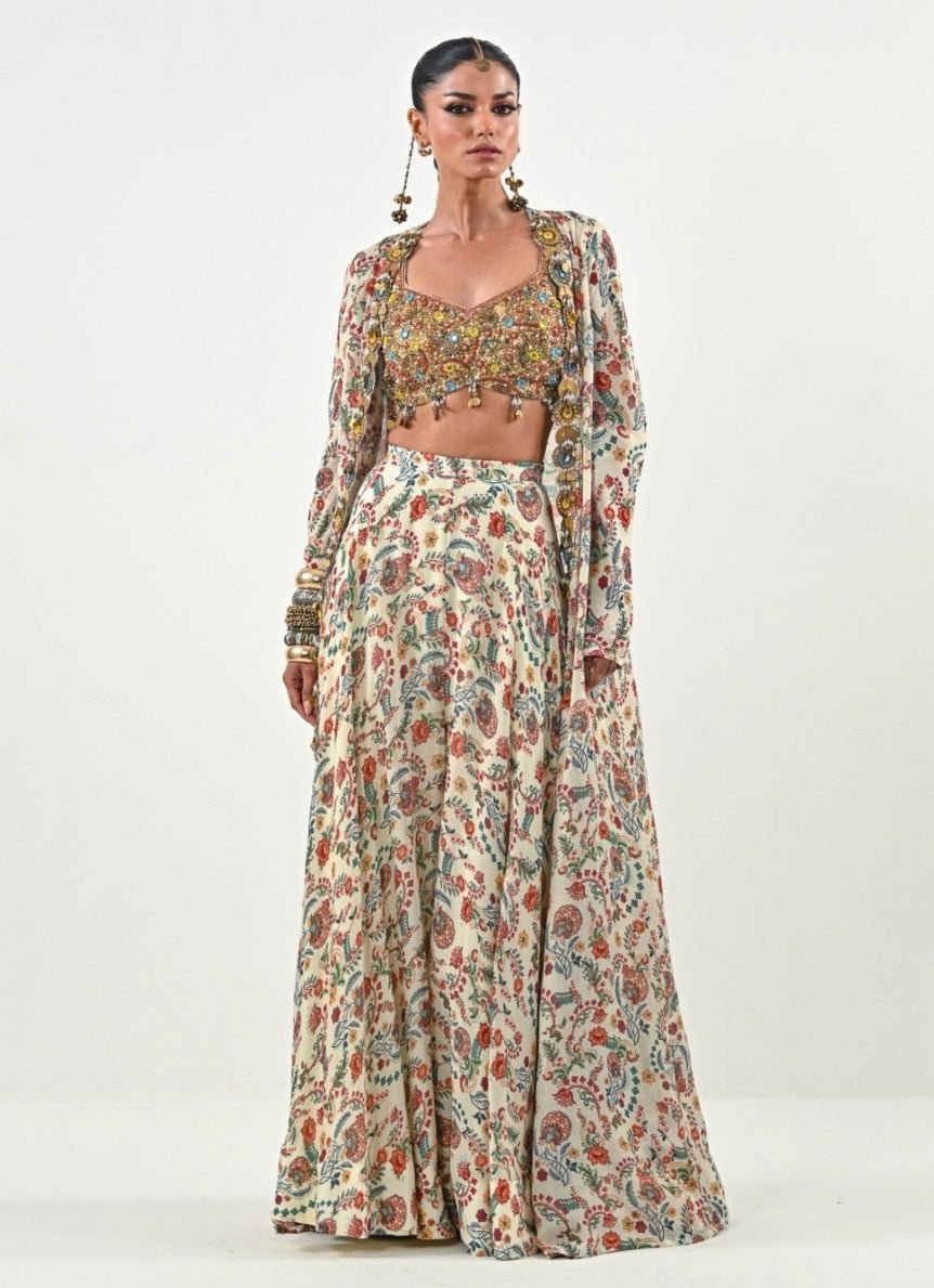 Ivory And Gold Printed Flared Pants With Jacket Juhi Bengani - Fabilicious Fashion