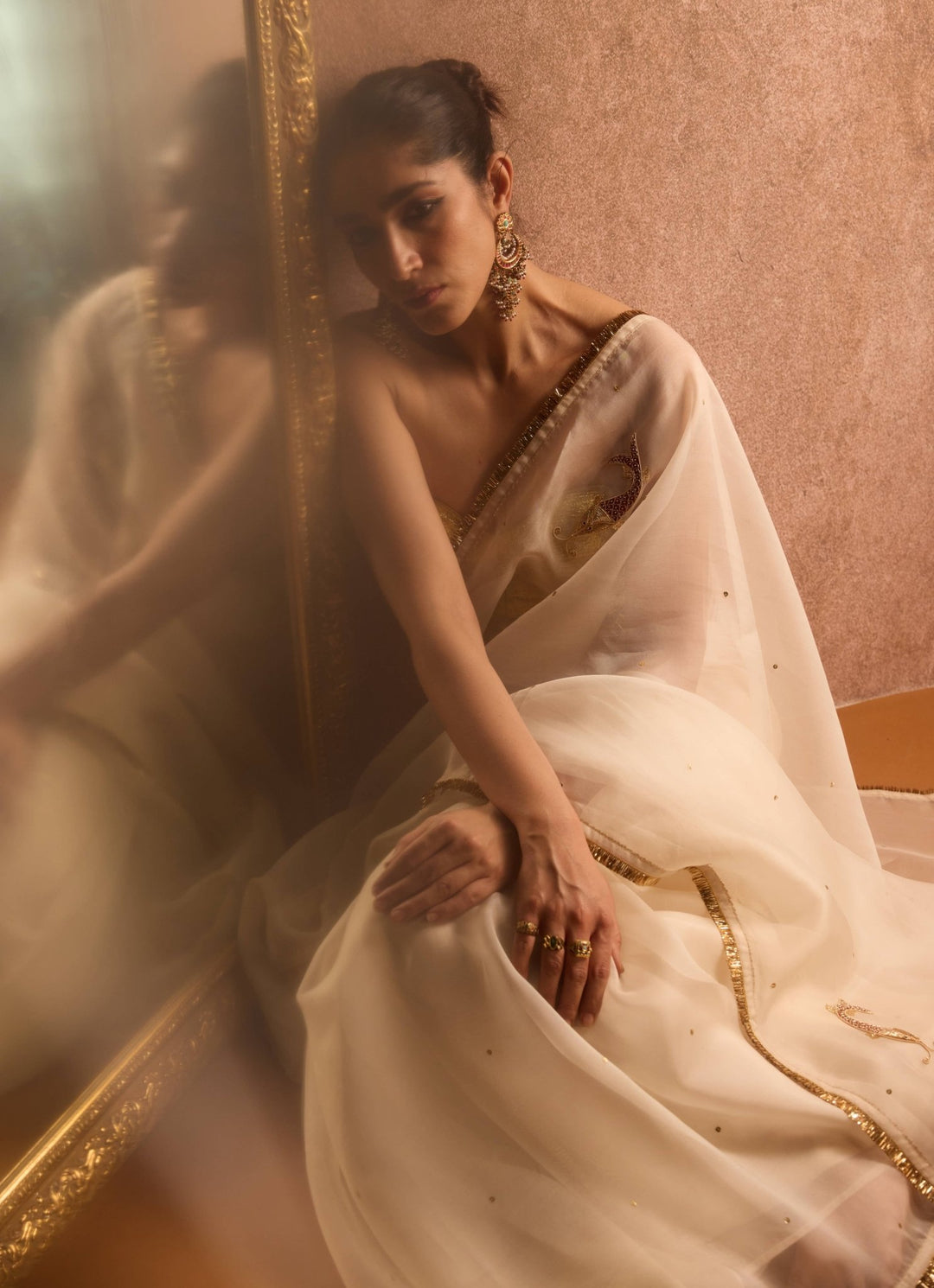 Ivory And Gold Pure Silk Organza Saree Kapardara - Fabilicious Fashion