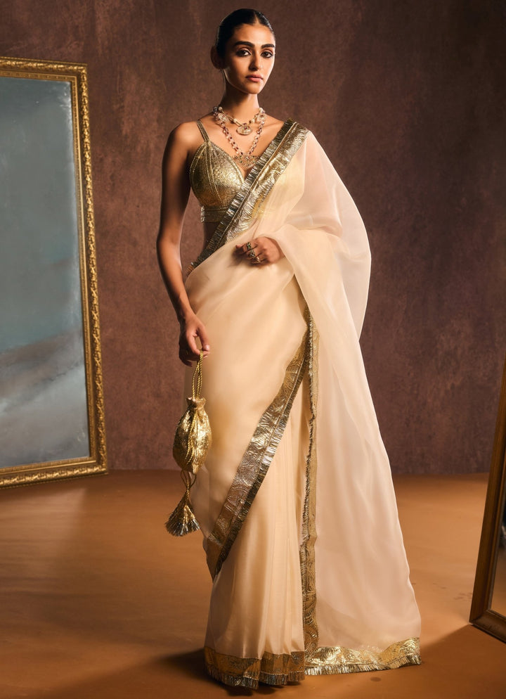 Ivory And Gold Pure Silk Organza Saree Kapardara - Fabilicious Fashion
