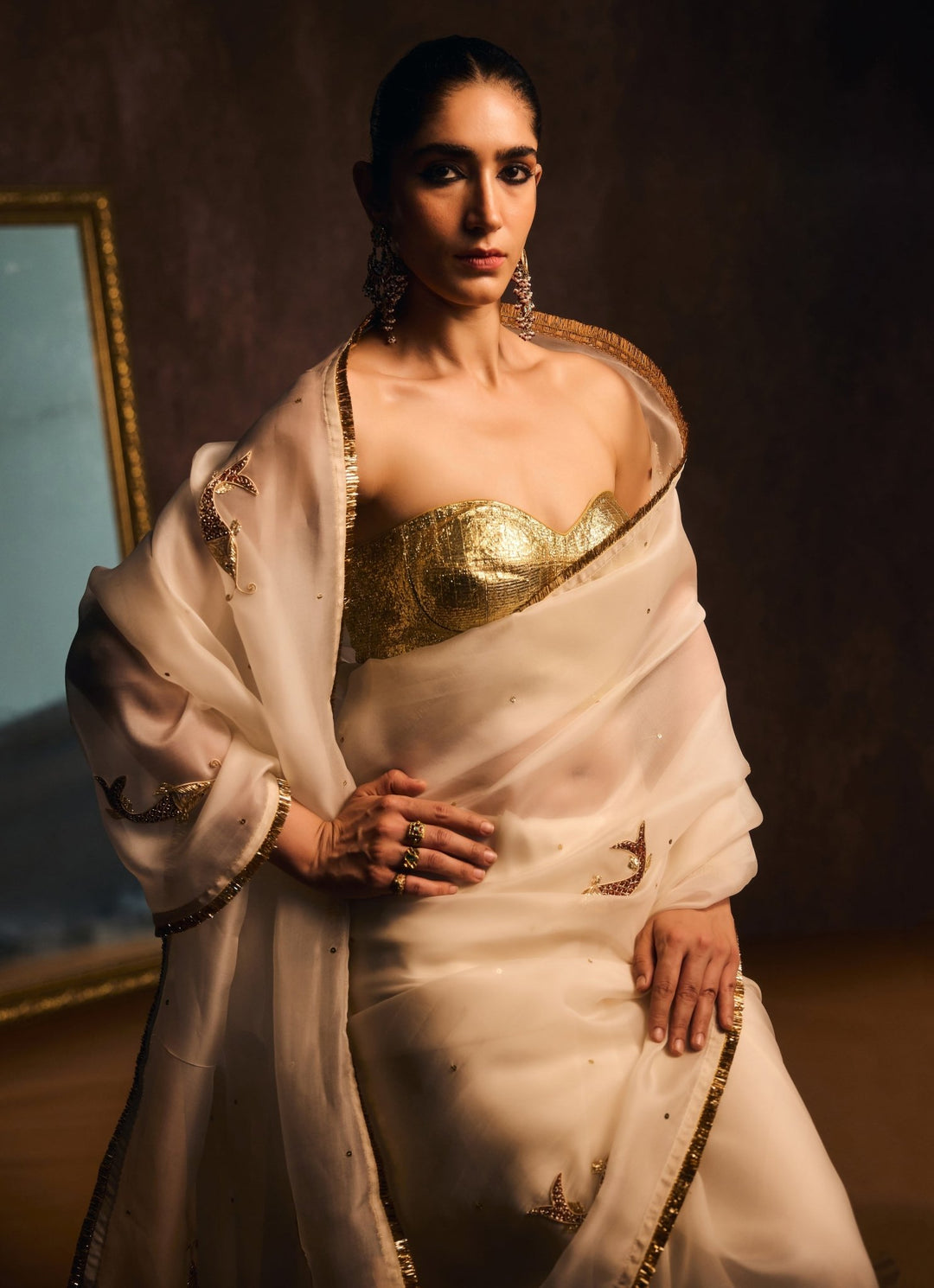 Ivory And Gold Pure Silk Organza Saree Kapardara - Fabilicious Fashion