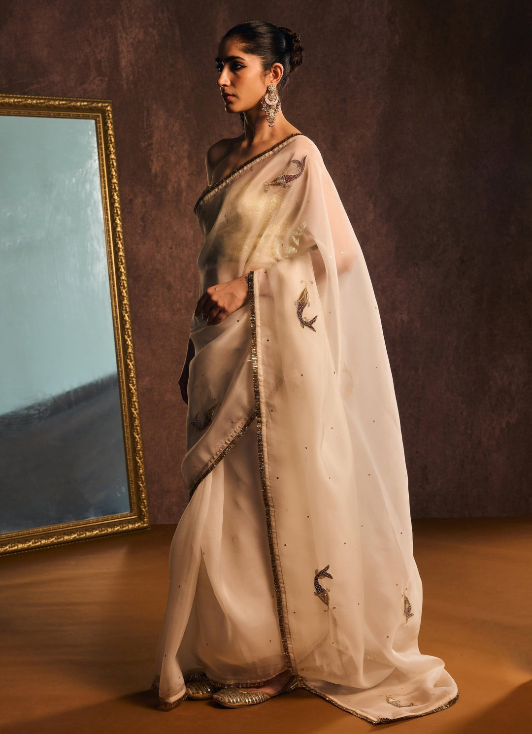 Ivory And Gold Pure Silk Organza Saree Kapardara - Fabilicious Fashion