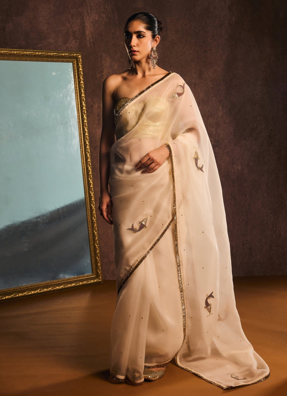 Ivory And Gold Pure Silk Organza Saree Kapardara - Fabilicious Fashion