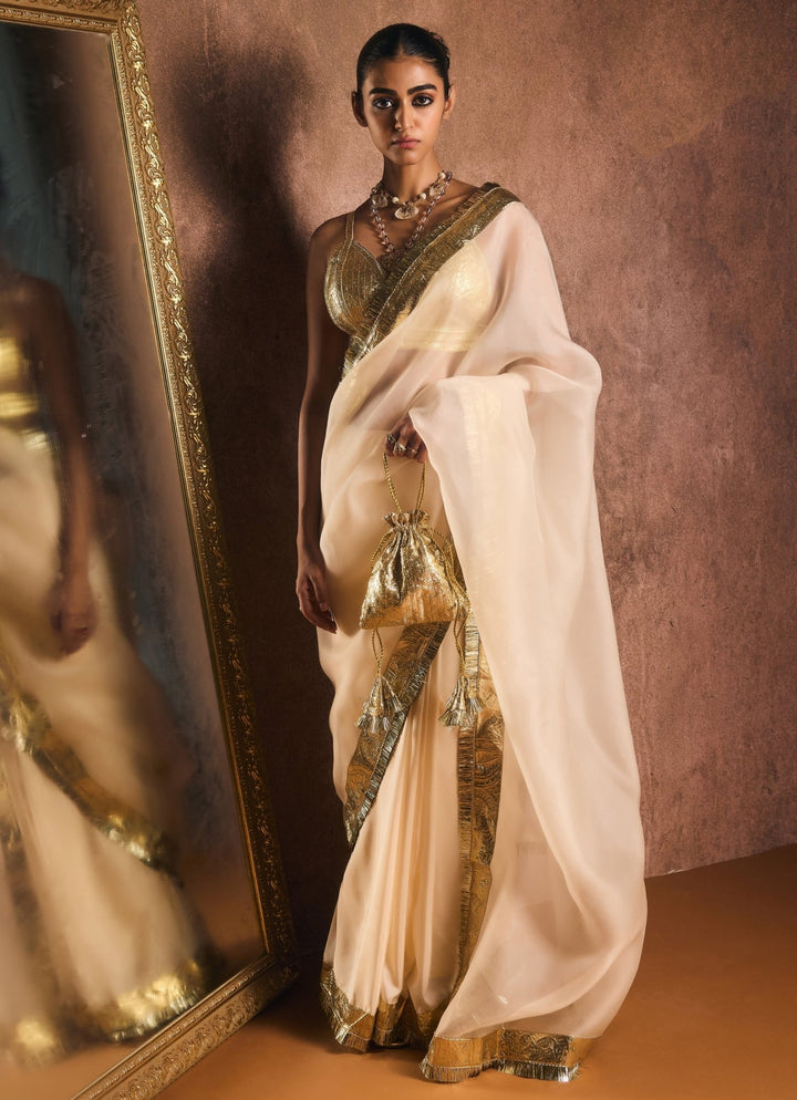Ivory And Gold Pure Silk Organza Saree Kapardara - Fabilicious Fashion