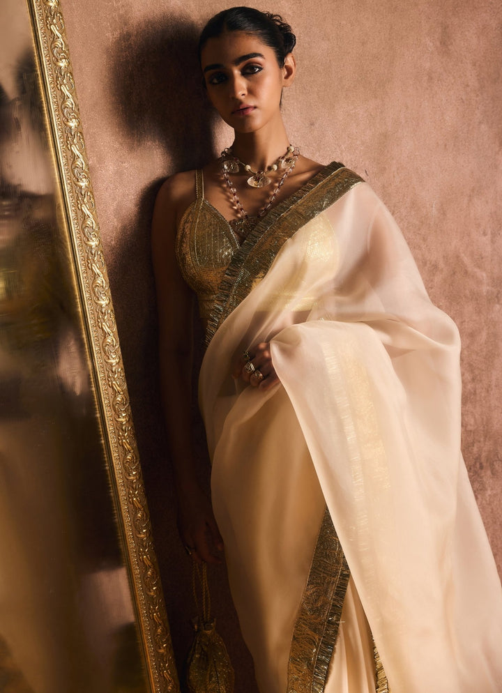 Ivory And Gold Pure Silk Organza Saree Kapardara - Fabilicious Fashion