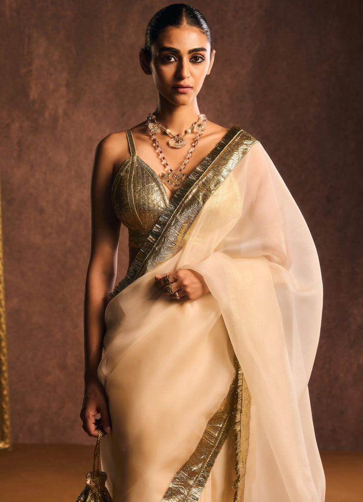 Ivory And Gold Pure Silk Organza Saree Kapardara - Fabilicious Fashion