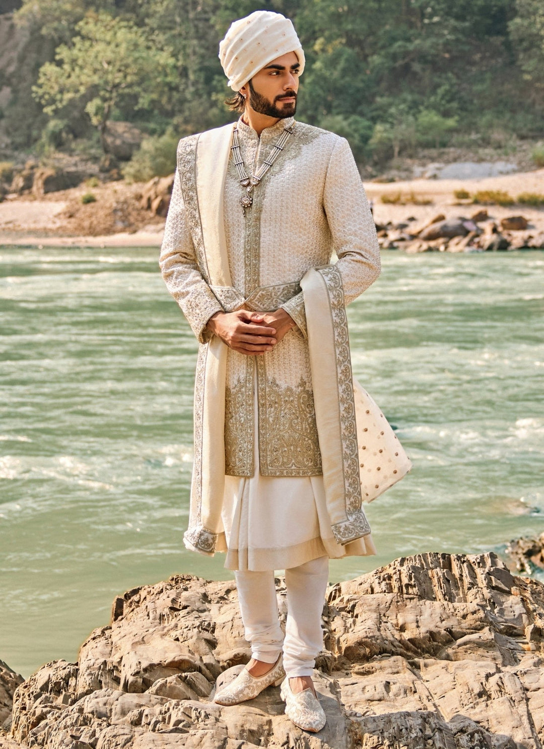 Nitika Gujral - Men Ivory and Gold Raw Silk Sherwani SetFabilicious Fashion