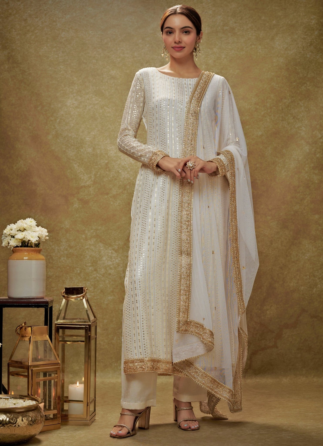 Ivory and Gold Sequin Embroidered Kurta Pants Set Renee Label - Fabilicious Fashion