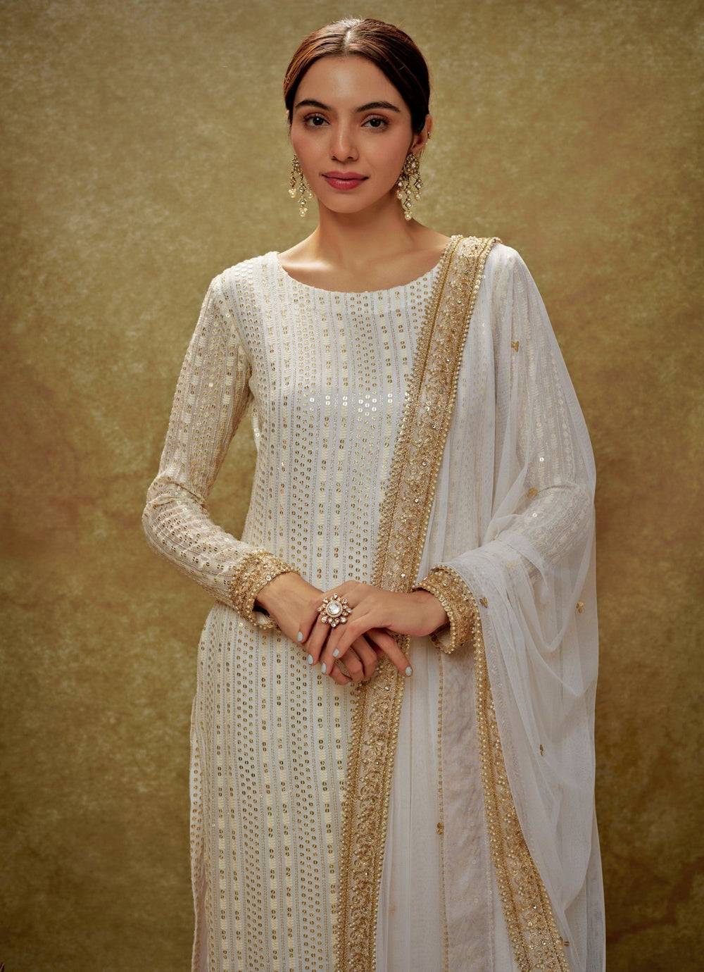 Ivory and Gold Sequin Embroidered Kurta Pants Set Renee Label - Fabilicious Fashion