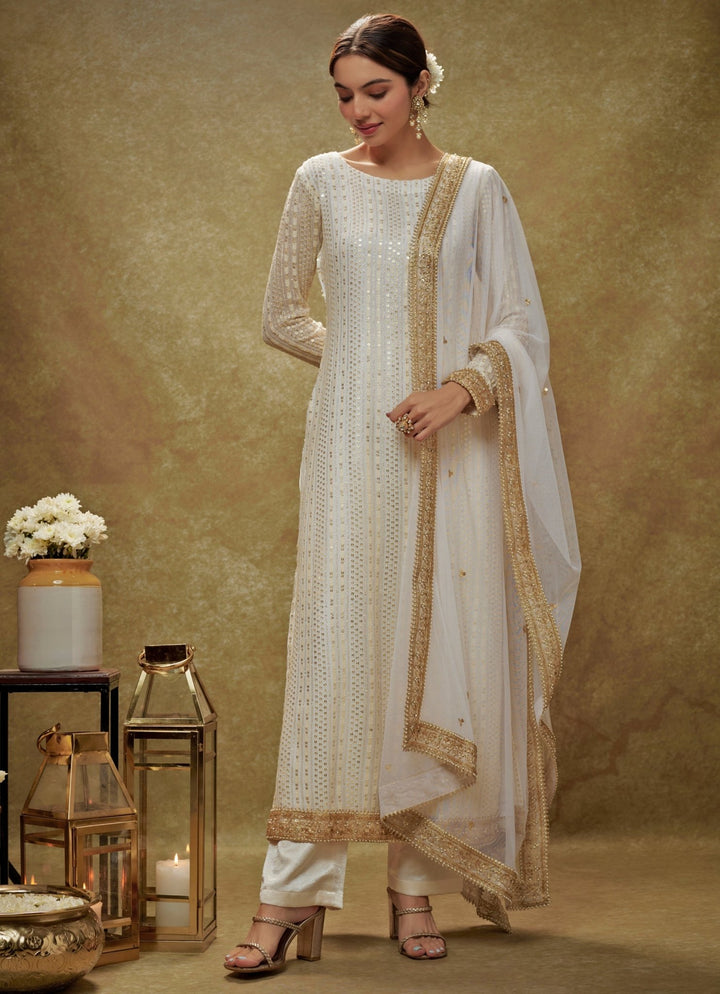 Ivory and Gold Sequin Embroidered Kurta Pants Set Renee Label - Fabilicious Fashion