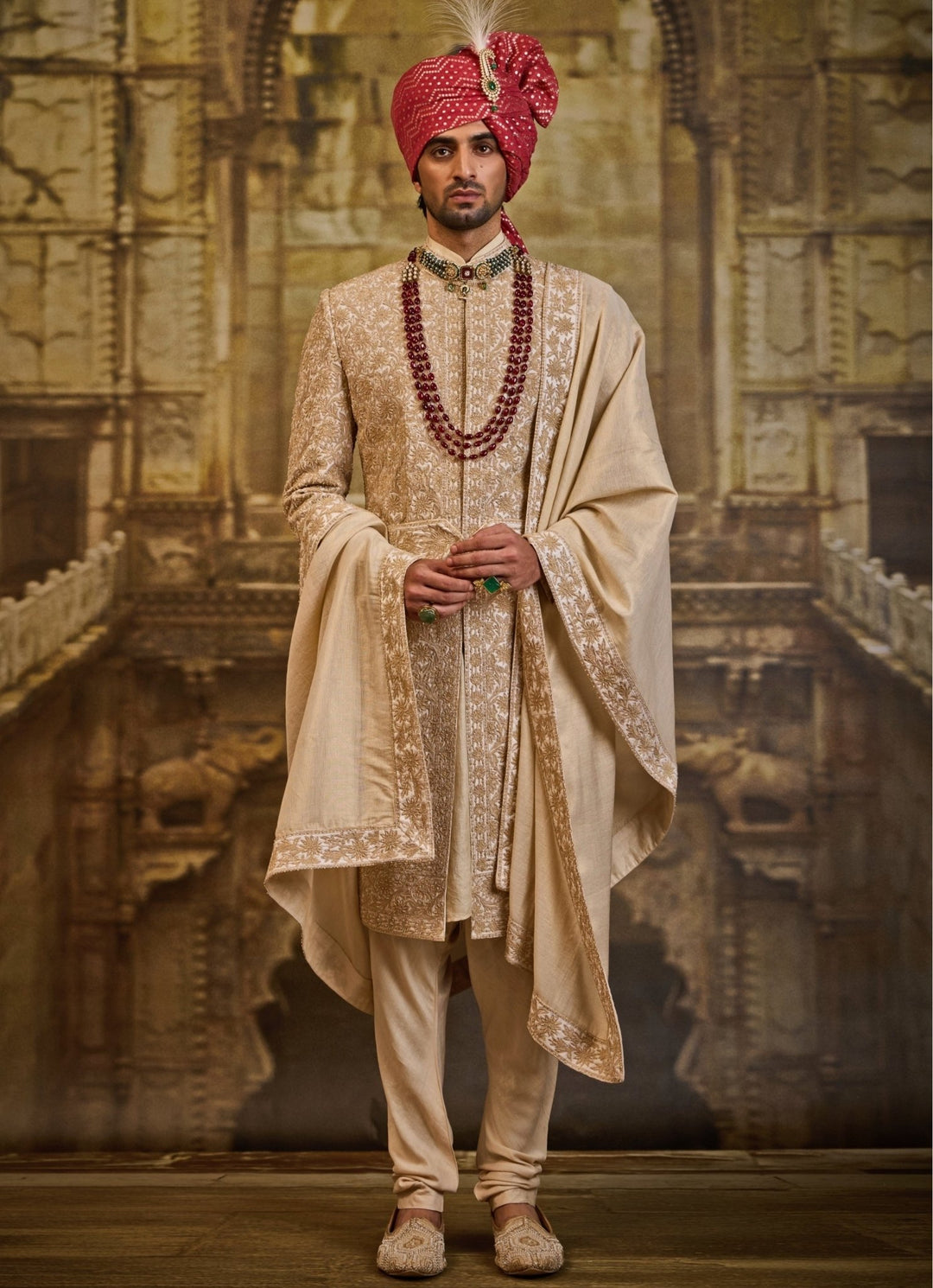 Ivory and Gold Taffeta Silk Sherwani Set Nitika Gujral - Men - Fabilicious Fashion