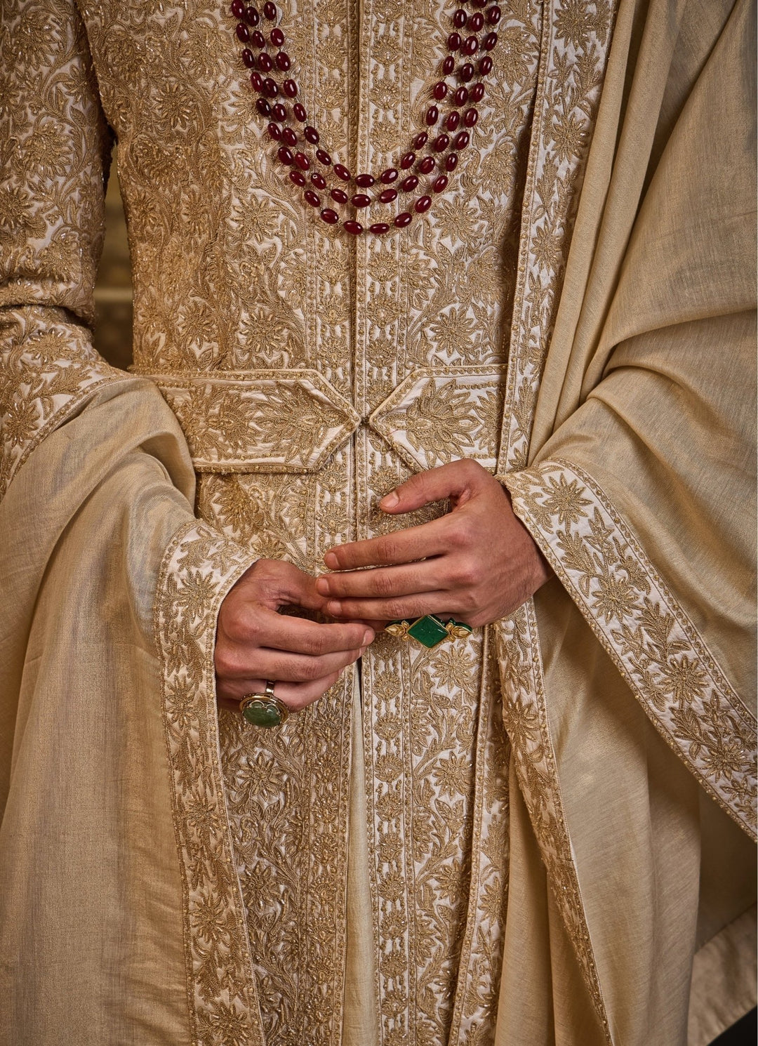 Ivory and Gold Taffeta Silk Sherwani Set Nitika Gujral - Men - Fabilicious Fashion