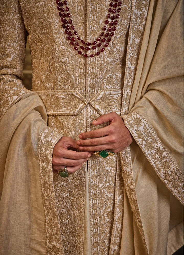 Ivory and Gold Taffeta Silk Sherwani Set Nitika Gujral - Men - Fabilicious Fashion