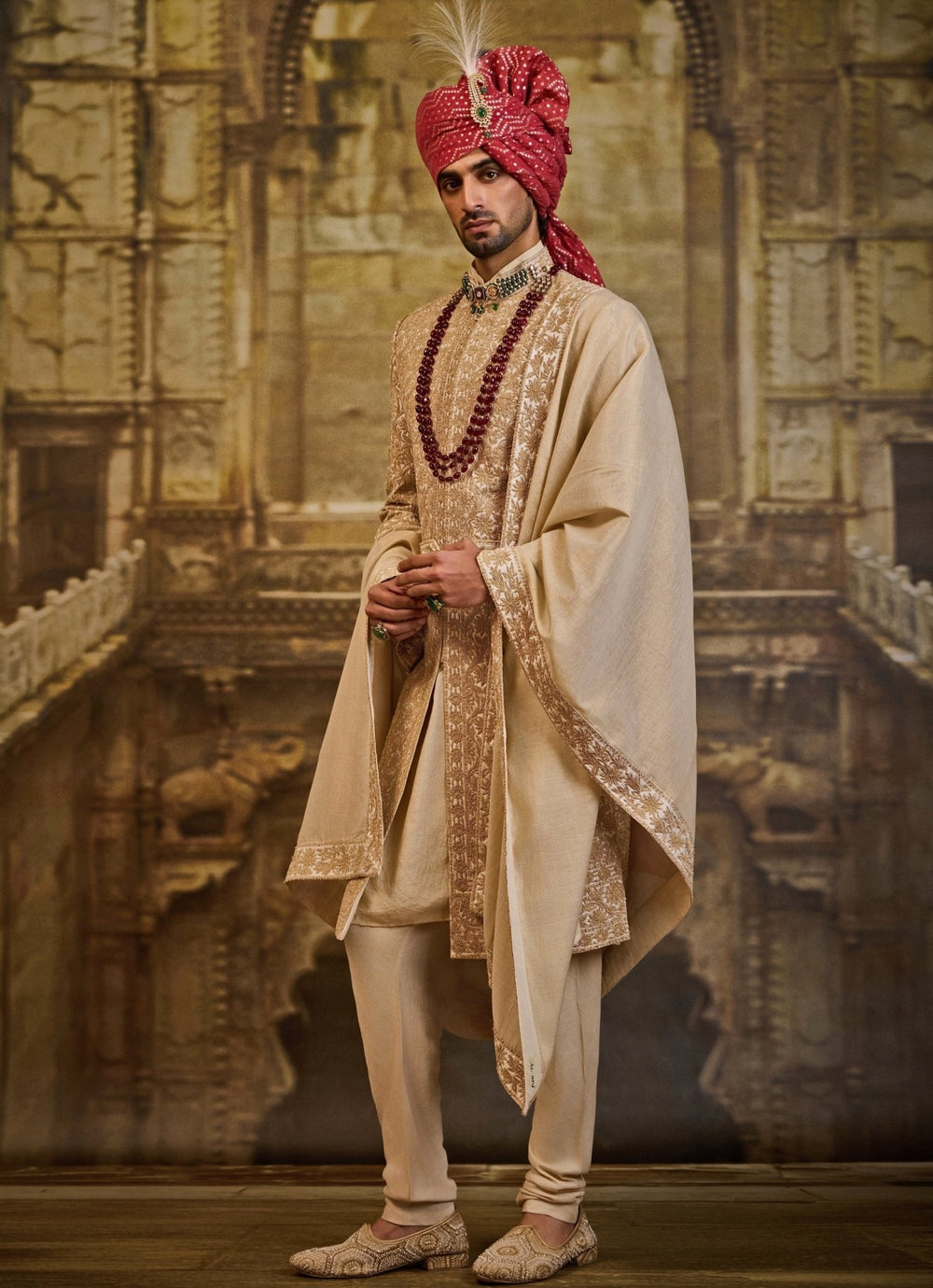Ivory and Gold Taffeta Silk Sherwani Set Nitika Gujral - Men - Fabilicious Fashion
