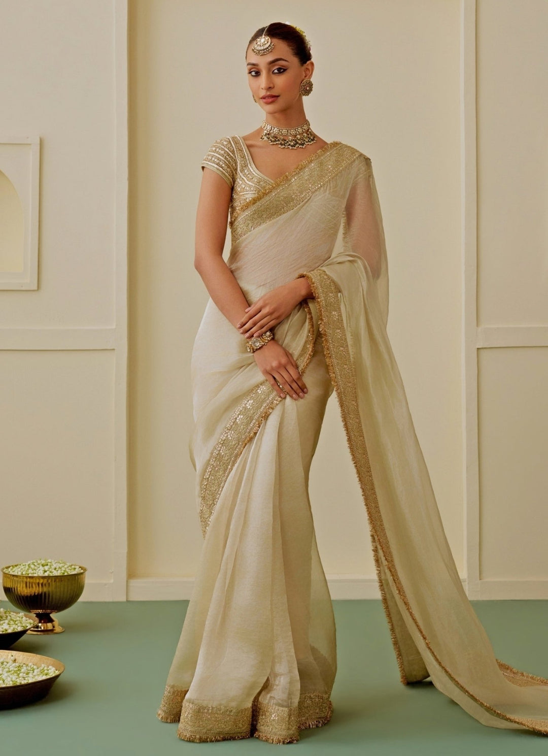 Gopi Vaid Ivory And Gold Tissue Saree SetFabilicious Fashion