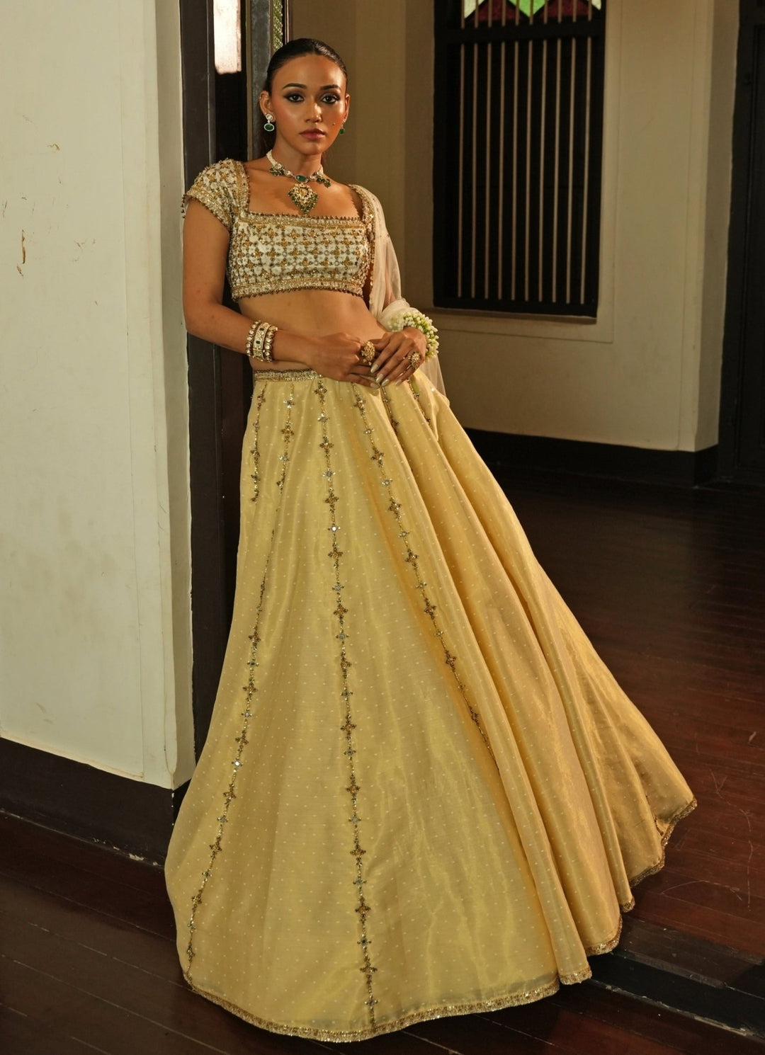 Ivory And Gold Zari Silk Lehenga Set Enamour by Radha - Fabilicious Fashion