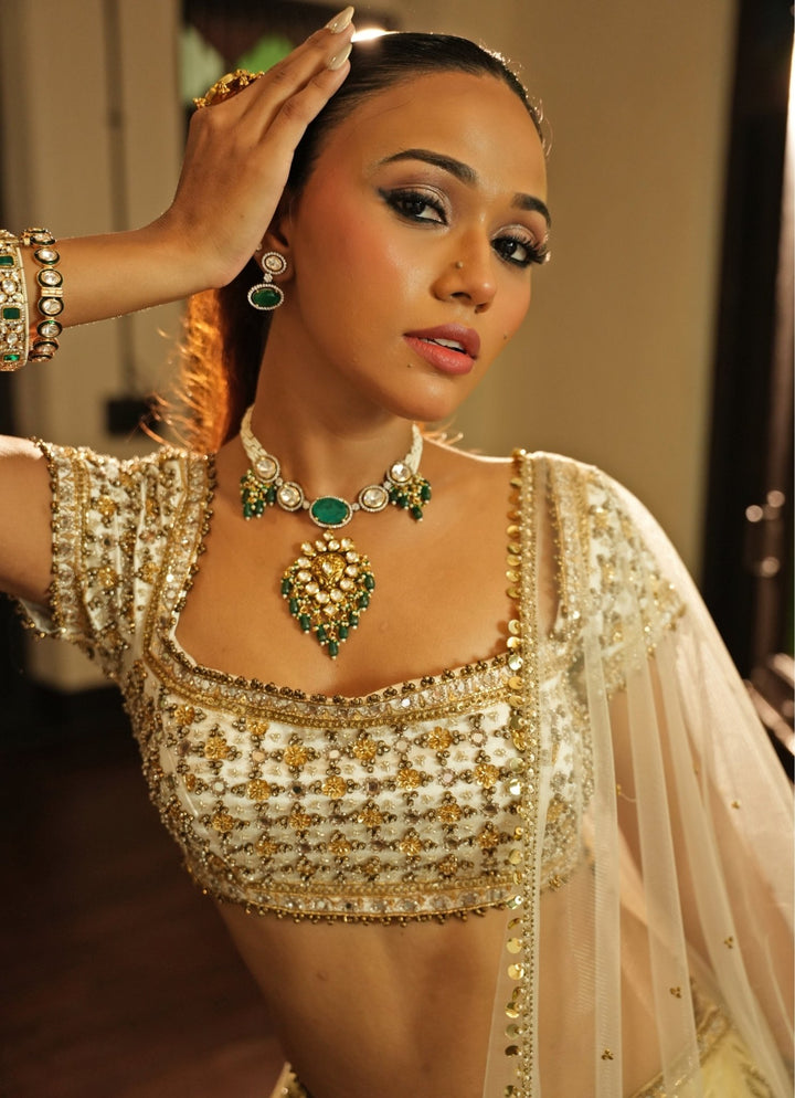 Ivory And Gold Zari Silk Lehenga Set Enamour by Radha - Fabilicious Fashion