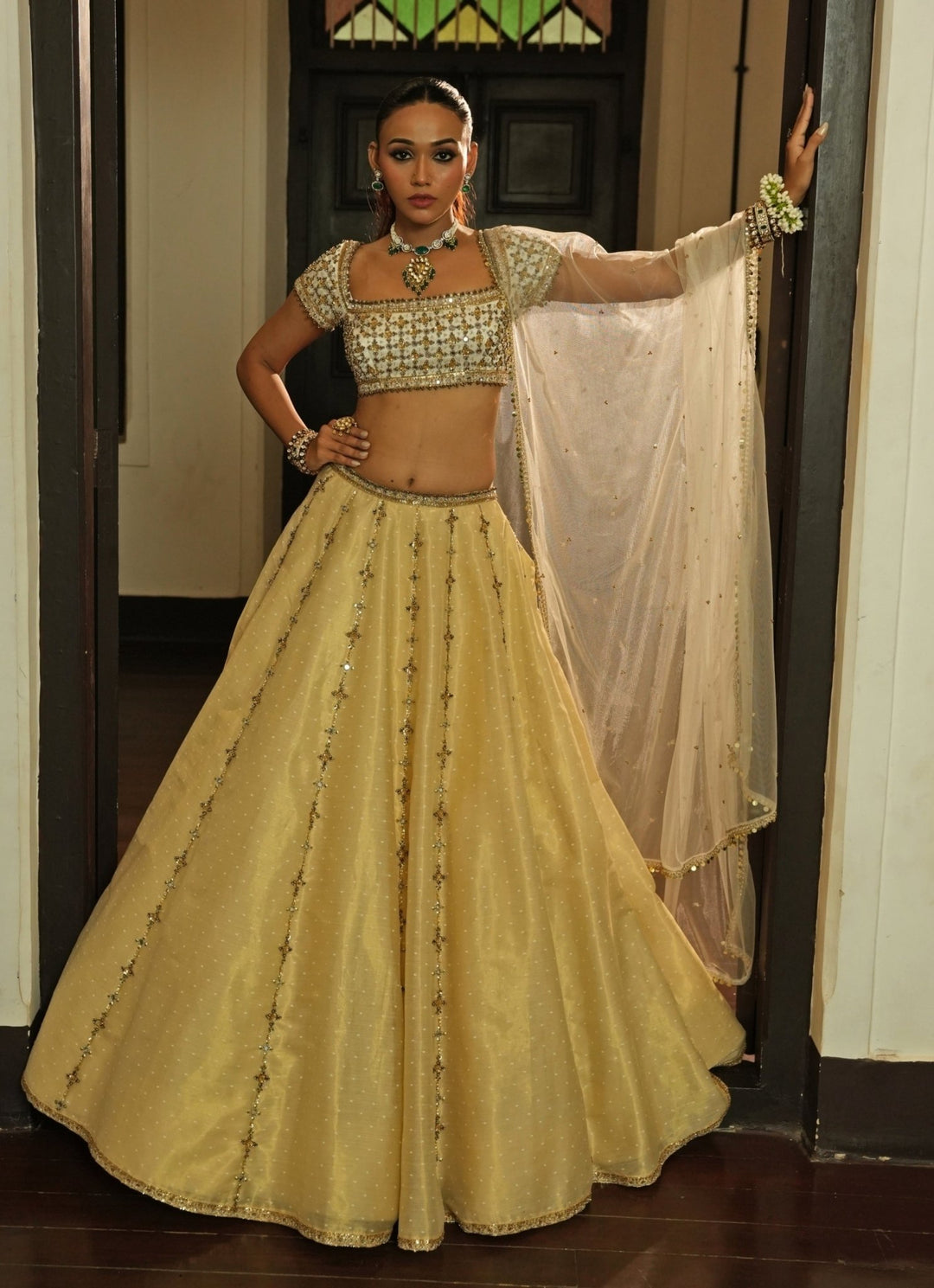Ivory And Gold Zari Silk Lehenga Set Enamour by Radha - Fabilicious Fashion