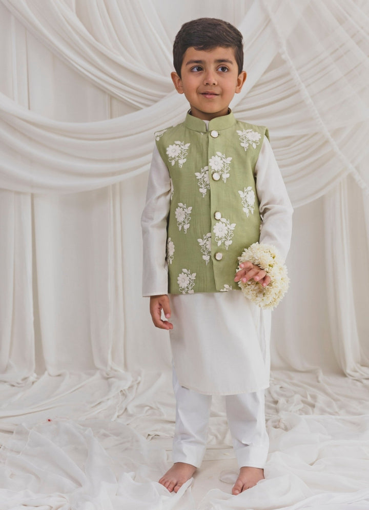 Ivory And Green Chanderi Bundi Set Chotibuti - Fabilicious Fashion