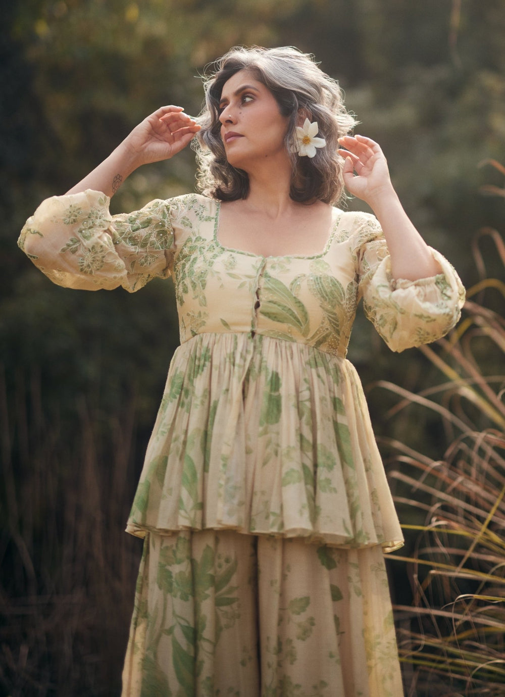Ivory And Green Chanderi Peplum Kurta Palazzo Set Paulmi and Harsh - Fabilicious Fashion