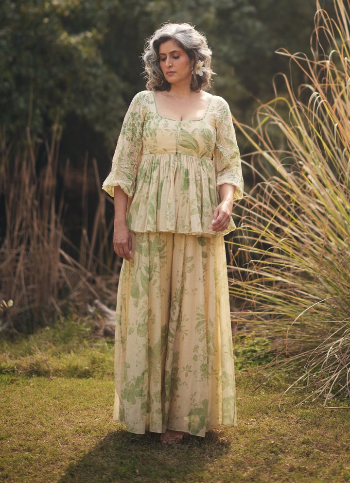 Ivory And Green Chanderi Peplum Kurta Palazzo Set Paulmi and Harsh - Fabilicious Fashion