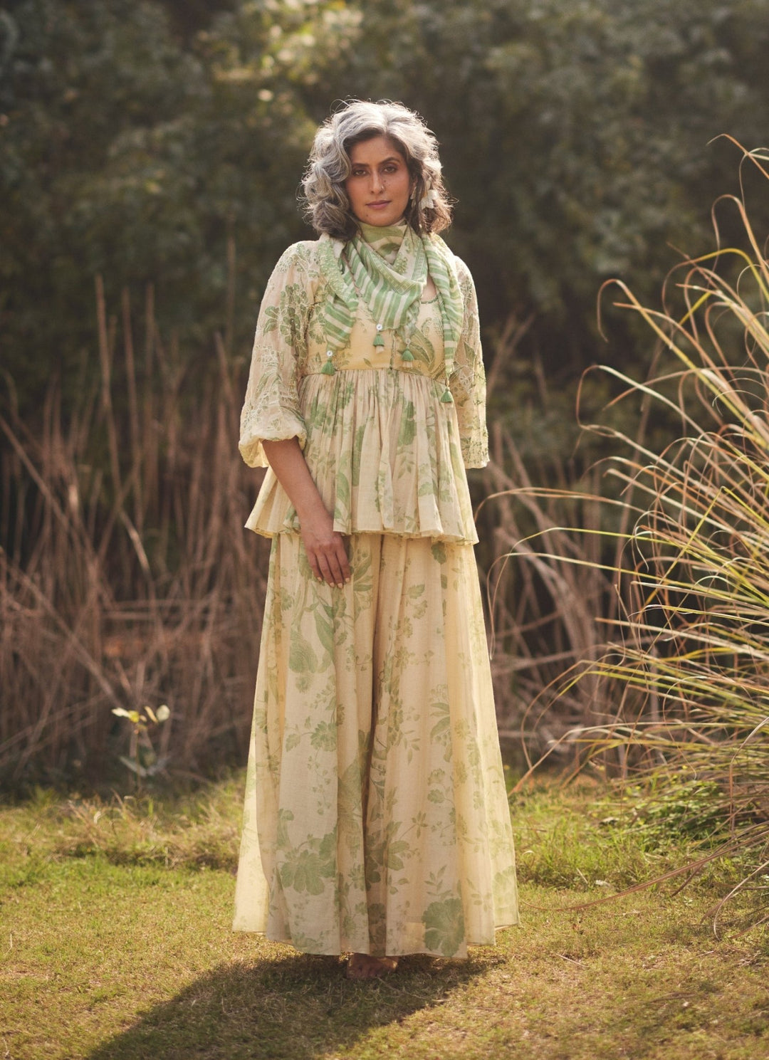 Ivory And Green Chanderi Peplum Kurta Palazzo Set Paulmi and Harsh - Fabilicious Fashion