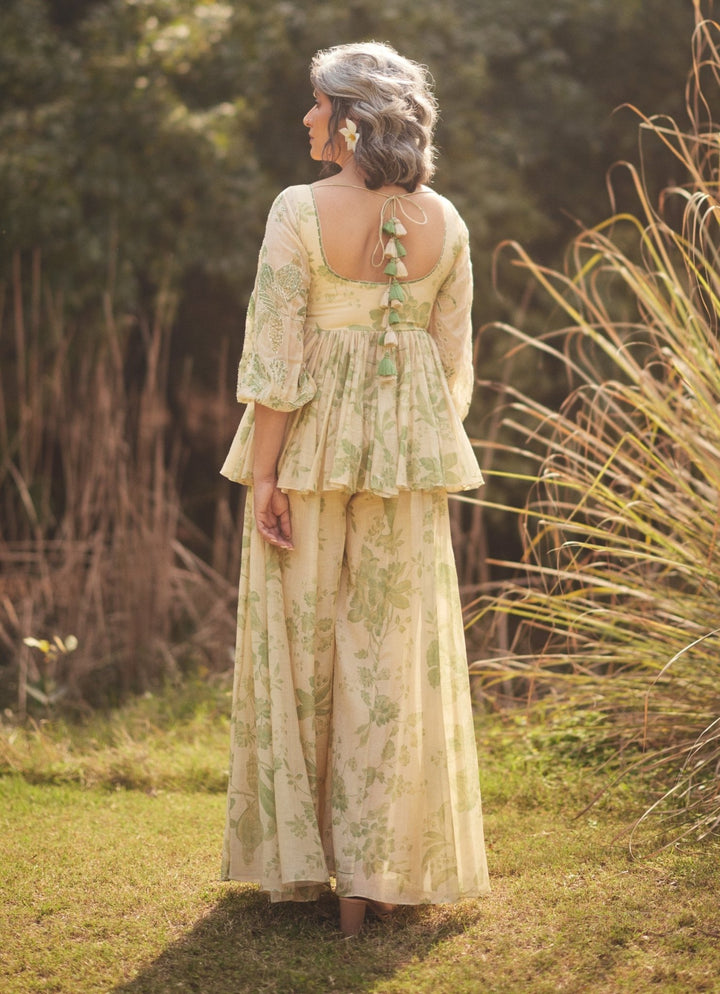 Ivory And Green Chanderi Peplum Kurta Palazzo Set Paulmi and Harsh - Fabilicious Fashion