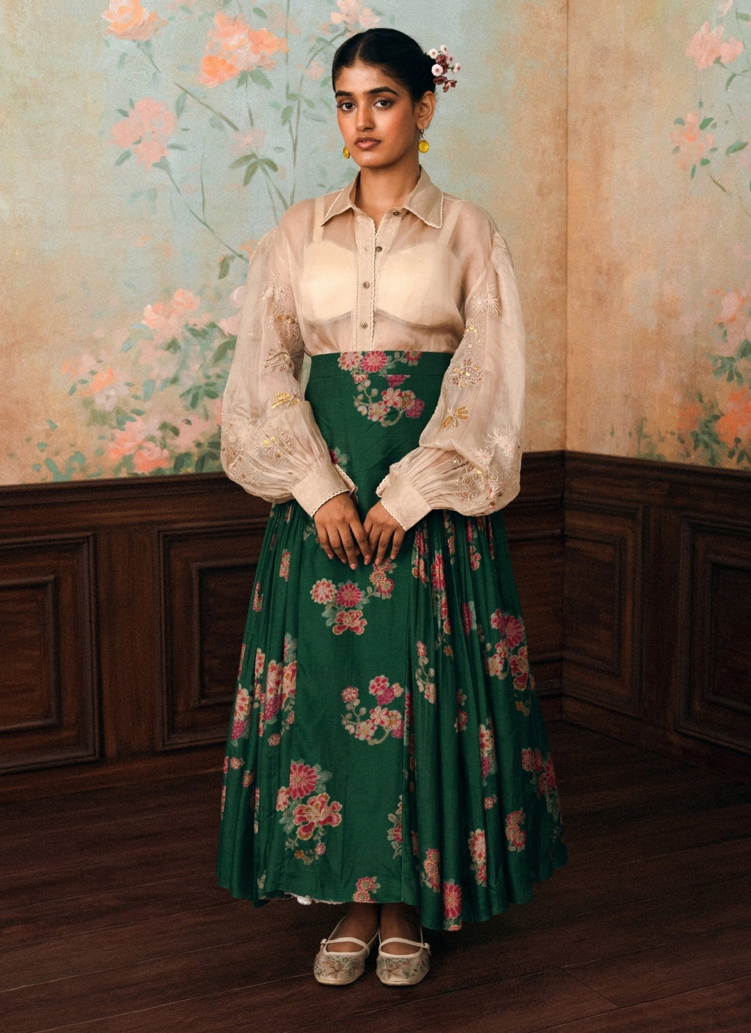 Paulmi and Harsh Ivory And Green Cotton Silk Skirt SetFabilicious Fashion