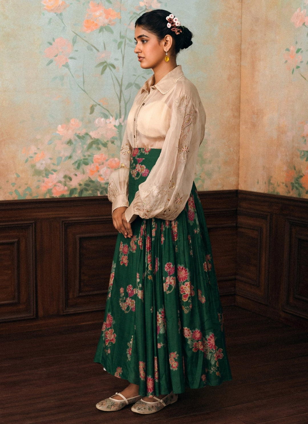 Paulmi and Harsh Ivory And Green Cotton Silk Skirt SetFabilicious Fashion