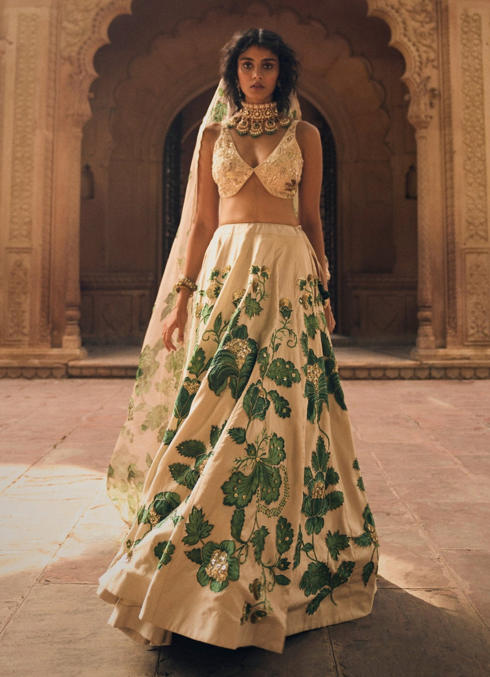 Ivory And Green Floral Printed Silk Lehenga Set Paulmi and Harsh - Fabilicious Fashion