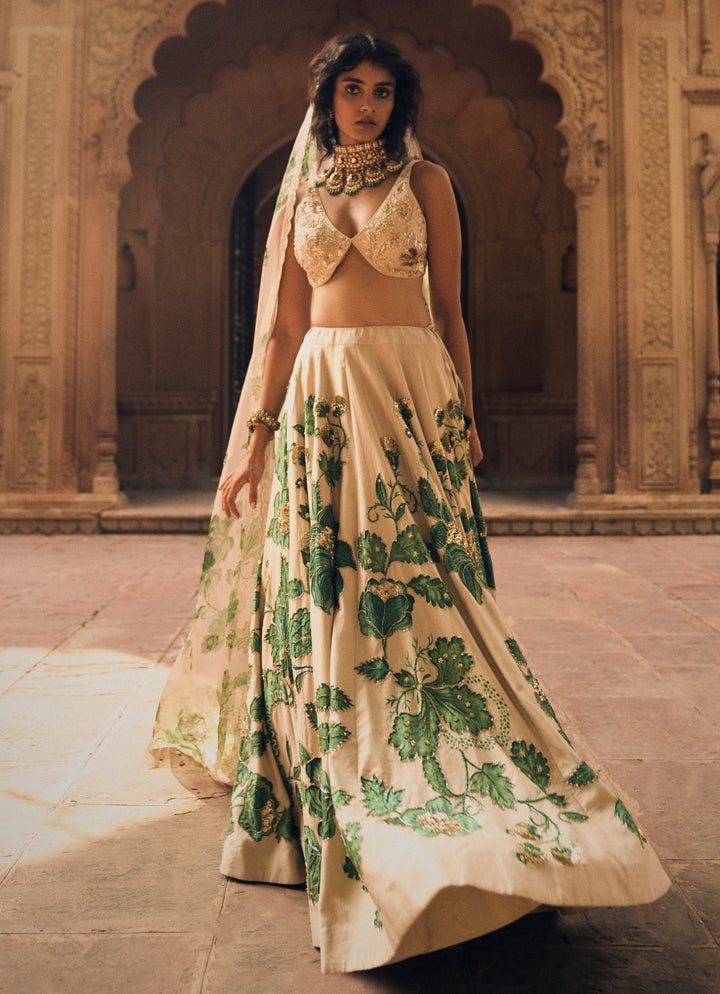 Ivory And Green Floral Printed Silk Lehenga Set Paulmi and Harsh - Fabilicious Fashion