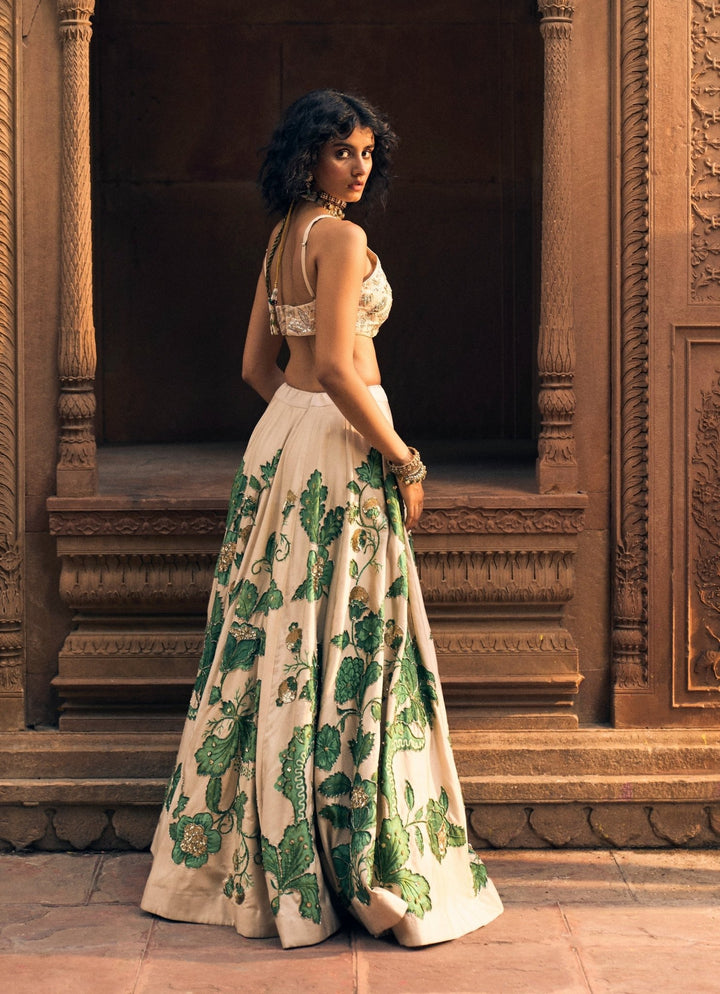 Ivory And Green Floral Printed Silk Lehenga Set Paulmi and Harsh - Fabilicious Fashion